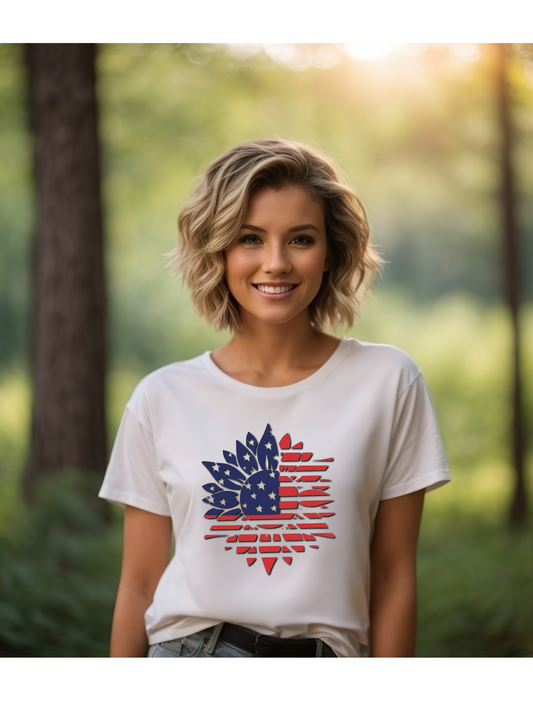 American flag in blue, red & white sunflower tshirt