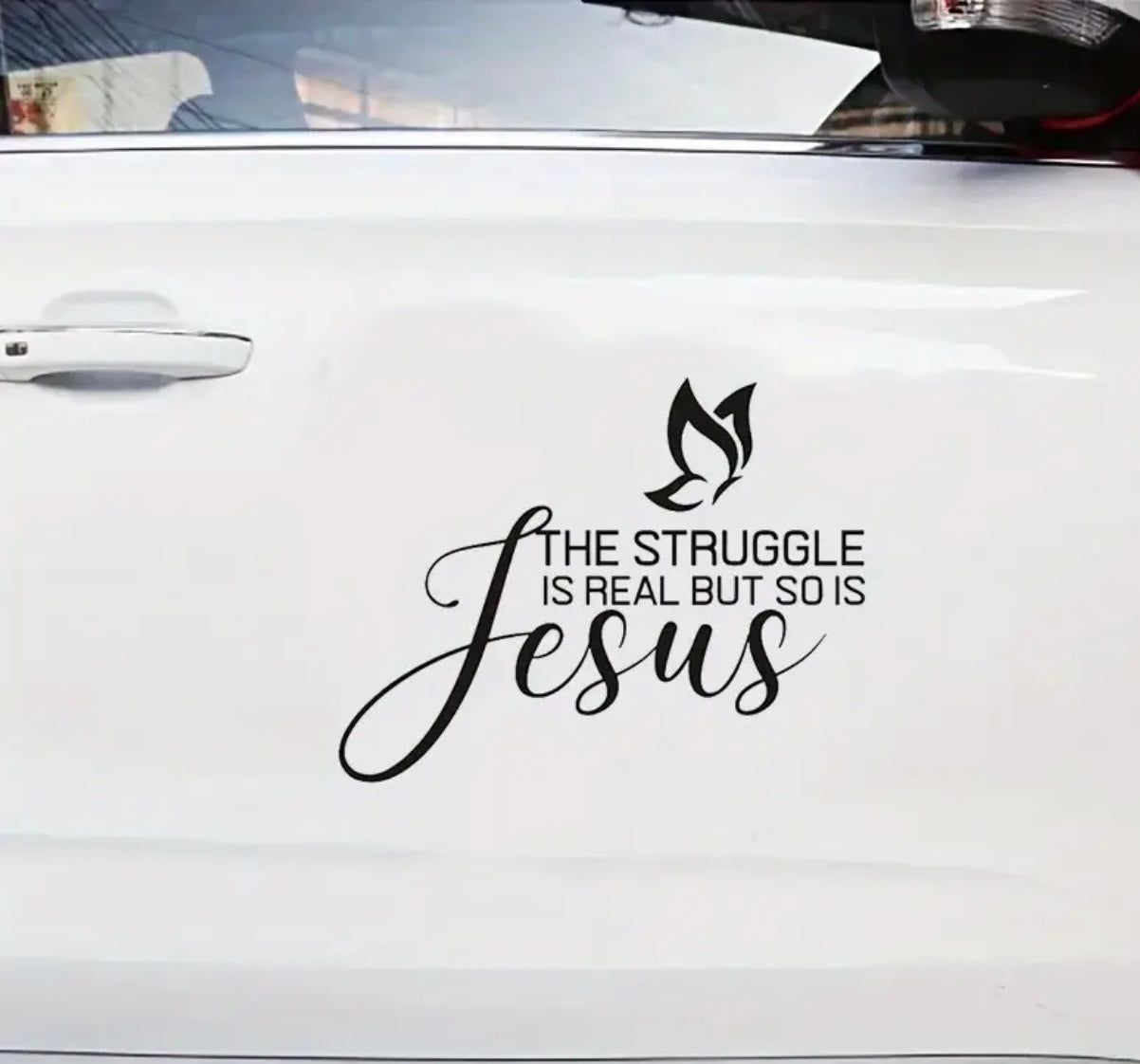 The Struggle Is Real but so is my Jesus Waterproof PVC Sticker - Decorative Decal for Laptop, Water Bottle, Car, Truck, SUV, Motorcycle, Vehicle Window, Wall, Cup, Toolbox, Guitar, and Scooter - Durable and Easy to Apply