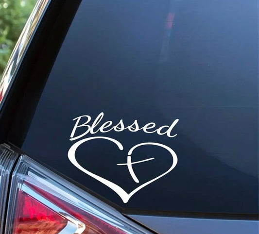 Show Your Faith with this Stylish Blessed Heart and Cross Decal Sticker for Cars, Trucks, and Laptops!