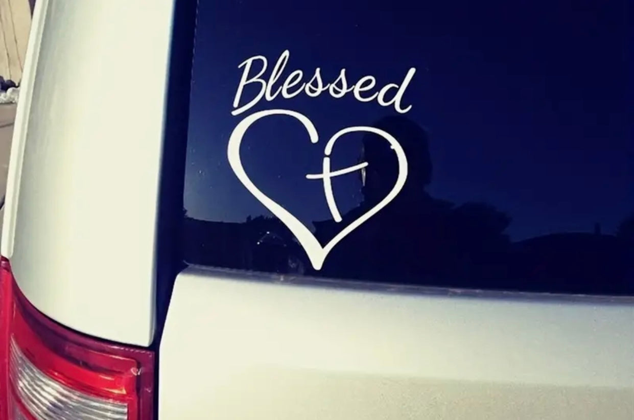 Show Your Faith with this Stylish Blessed Heart and Cross Decal Sticker for Cars, Trucks, and Laptops!