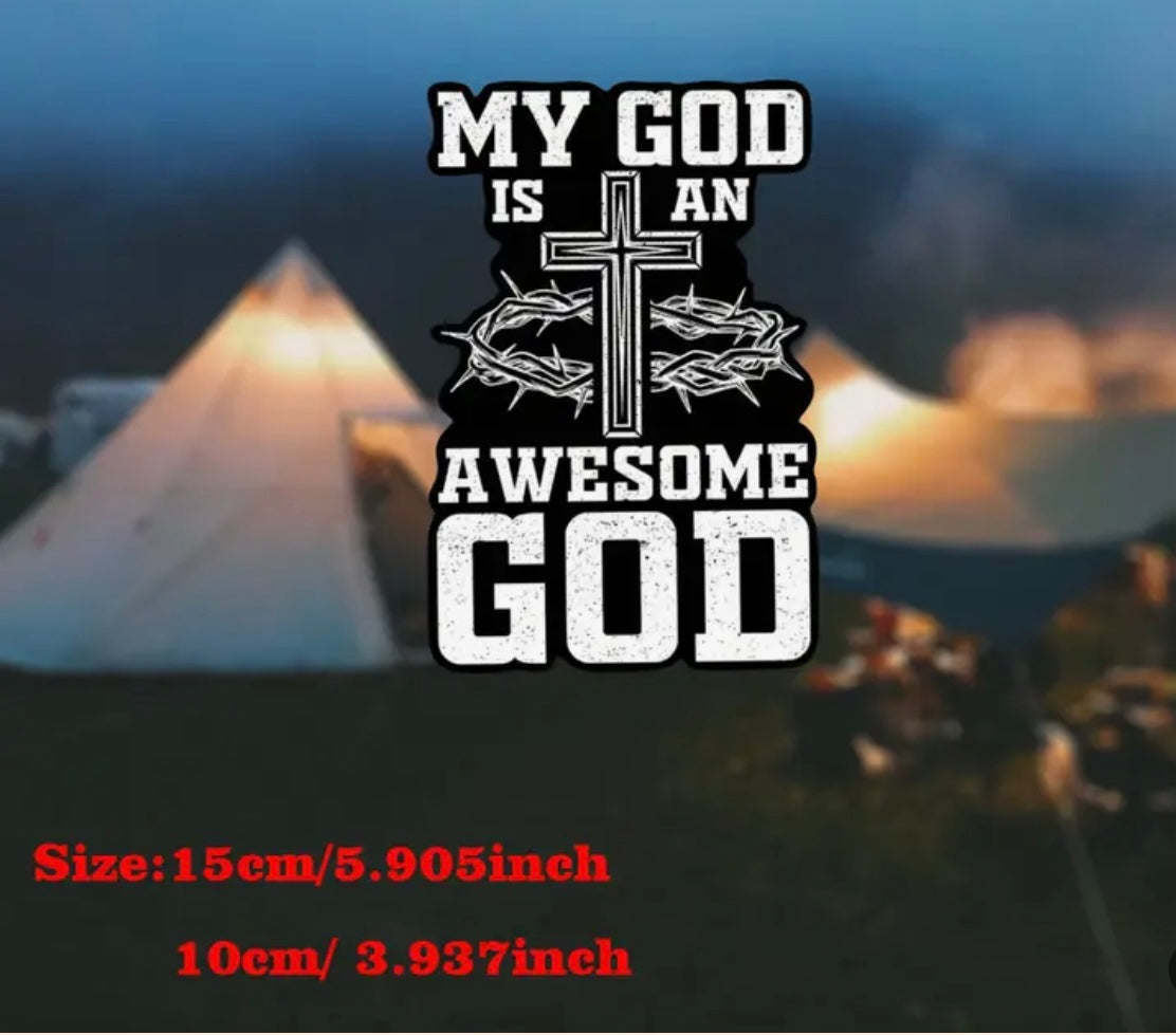 Christian Religious Decal - Paper Matte Finish, "My God is an Awesome God" Jesus Christ Bumper & Laptop Sticker, Irregular Shape, Cartoon Design, Single Use, Self-Adhesive for Plastic Surfaces