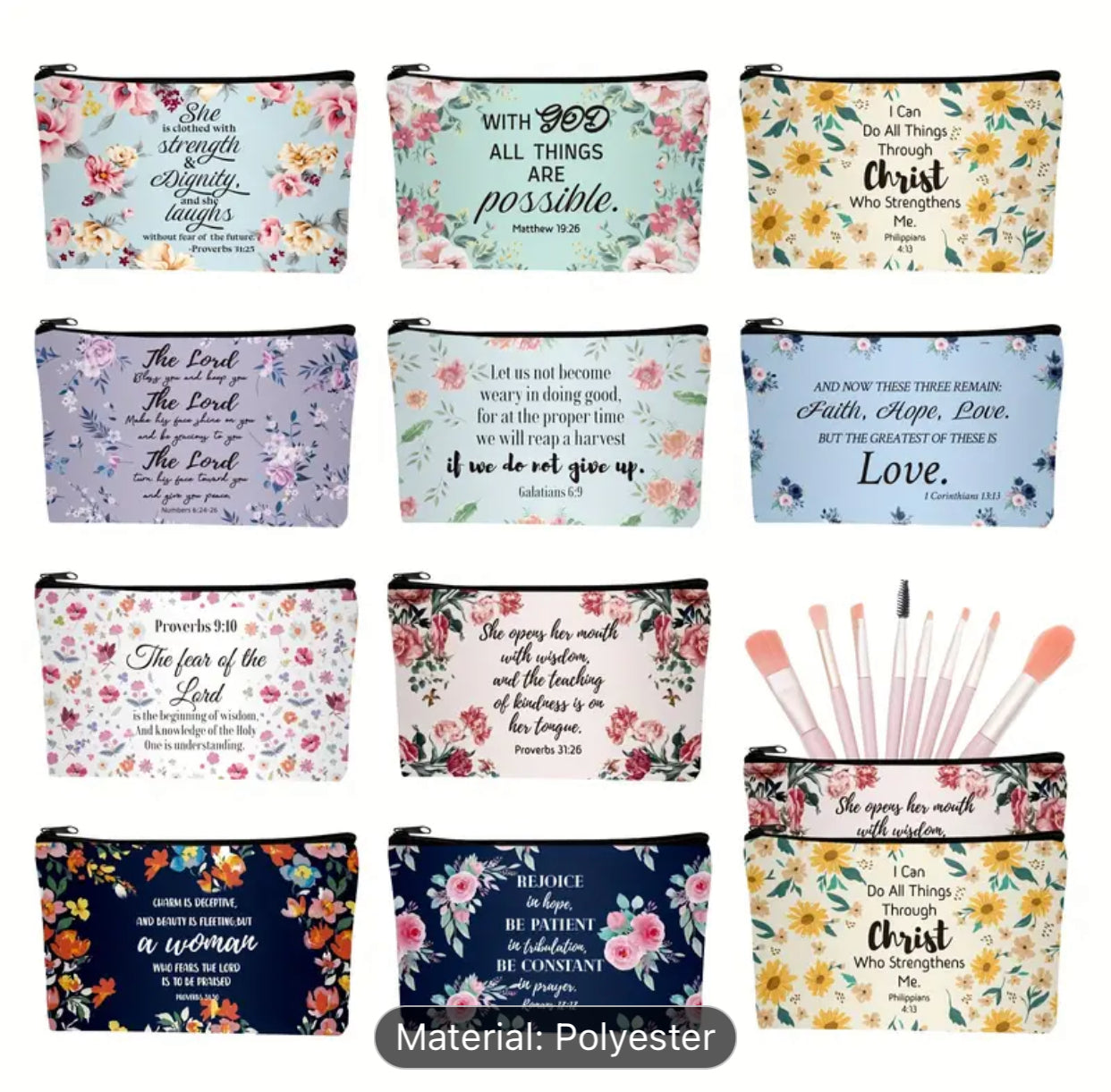 Polyester Christian Makeup Bag Set, Inspirational Scripture Cosmetic Pouch, Floral Bible Verse Pencil Cases, Religious Gifts for Women