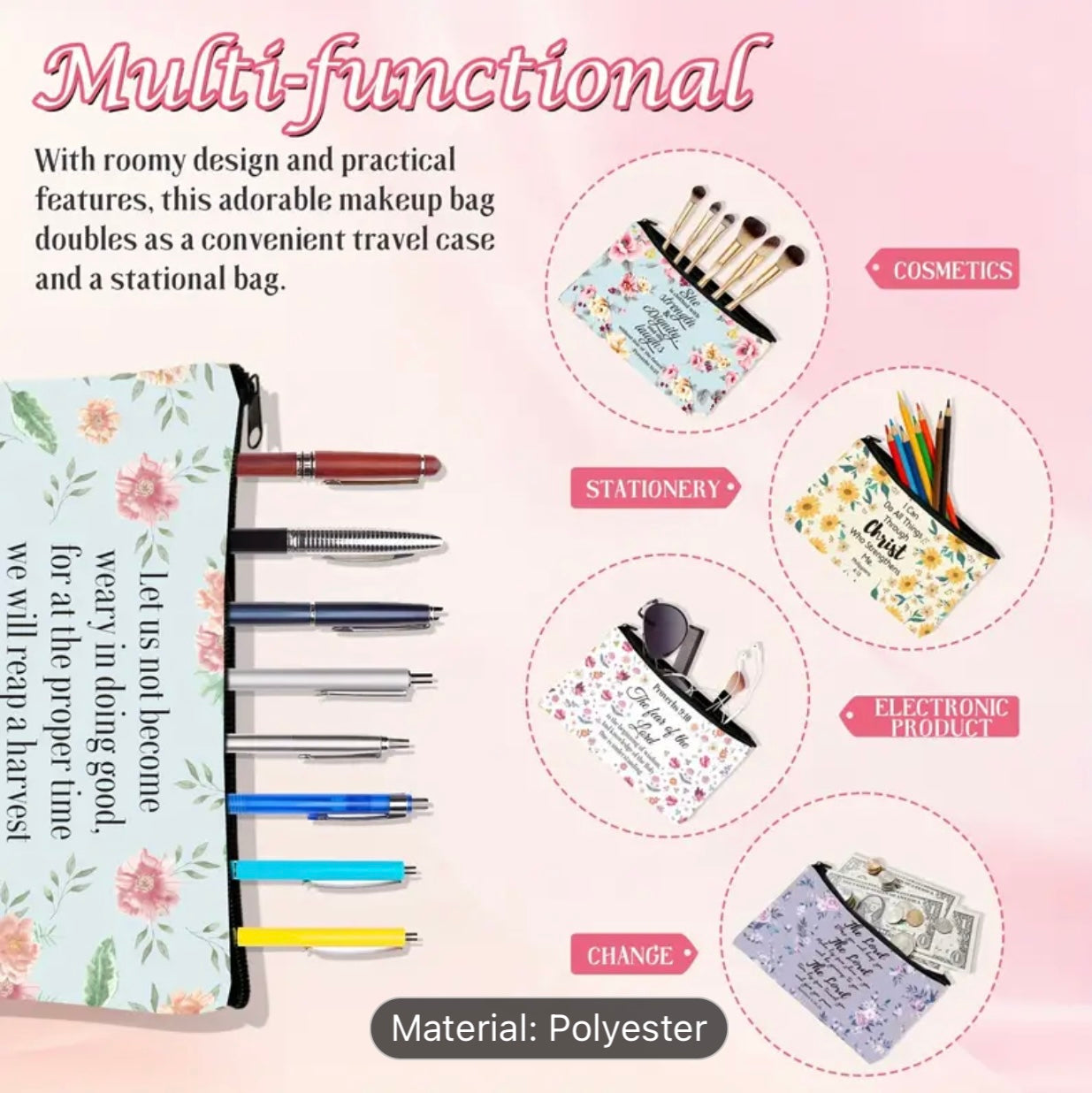 Polyester Christian Makeup Bag Set, Inspirational Scripture Cosmetic Pouch, Floral Bible Verse Pencil Cases, Religious Gifts for Women