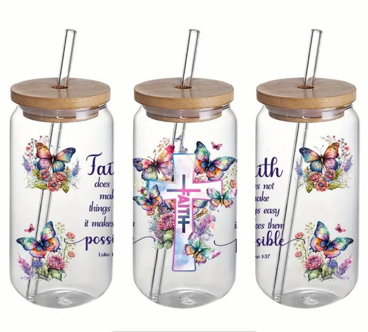 Faith does not make things easy it makes them possible with butterfly Iced Coffee Cup Glass