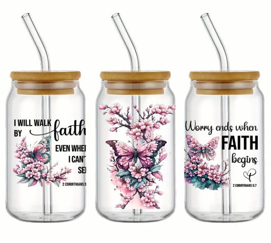 I will walk by faith even when I can't see, Worry ends when faith begins Iced Coffee Cup Glass